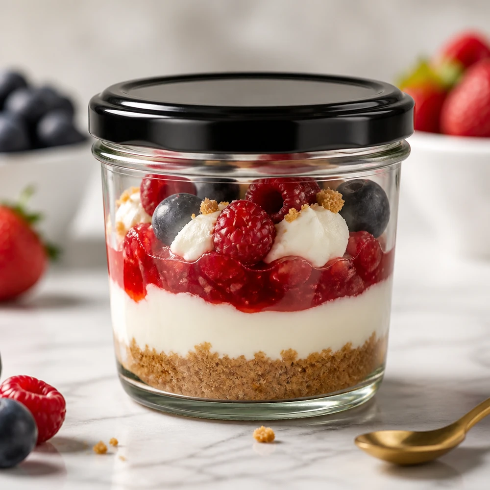230ml Sturzglas mit BasicSeal Deckel schwarz UNiTWIST 230ml Sturzglas mit BasicSeal Deckel schwarz gefüllt mit Beeren-Dessert zeigt elegante Portionierung und Präsentation