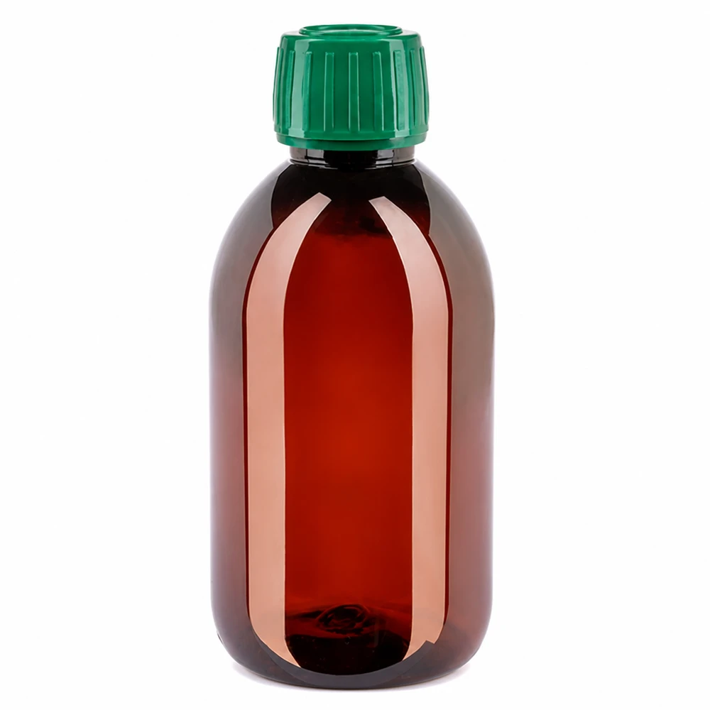 PET Flasche 250ml mit grünem Verschluss Originalitätsverschluss Nachhaltige 250ml PET Flasche braun mit grünem Sicherheitsverschluss für Flüssigkeiten