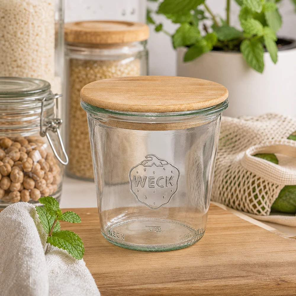 290ml Sturzglas hoch WECK RR80 mit Holzdeckel WECK Sturzglas 290ml RR80 mit Holzdeckel in nachhaltiger Küche mit Vorratsgläsern Kräutern und natürlichen Materialien