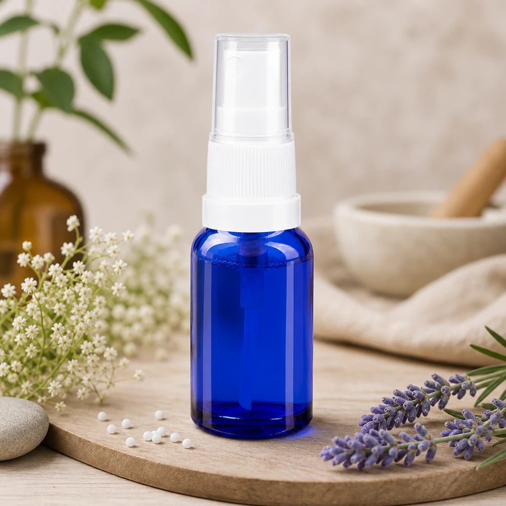 Dunkelblauer 10ml Glasbehälter mit weißem Standardzerstäuber für homöopathische Zubereitungen
