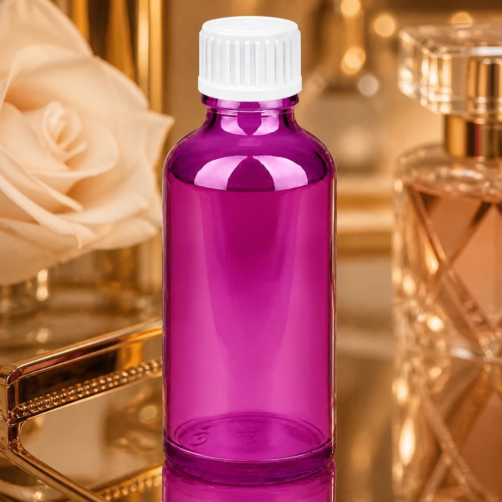50ml (Globuli)Flasche 3mm Giessring weiß Standard PurpleLine. UT18/50 Robuste 50ml Glasflasche in Purple mit sicherem Verschlusssystem für medizinische Präparate