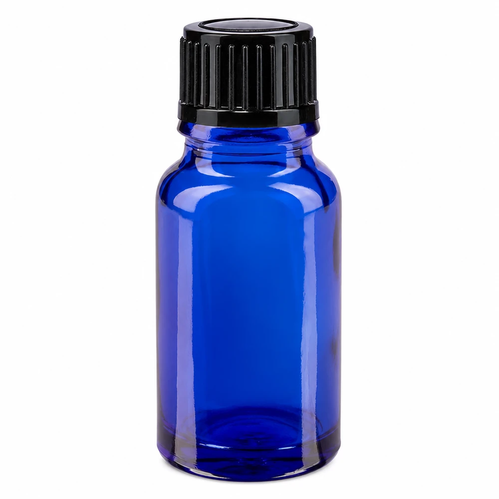 Apothekenflasche blau 10ml Tropfverschluss 1mm schwarz Standard Hochwertige 10ml Tropfflasche aus blauem Schutzglas mit schwarzem Verschluss