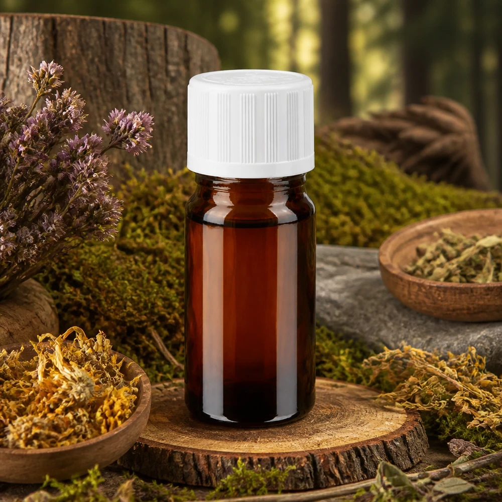 Apothekerflasche 5ml in Braunglas mit weißem Schraubverschluss auf Holzuntersetzer mit Heilpflanzen