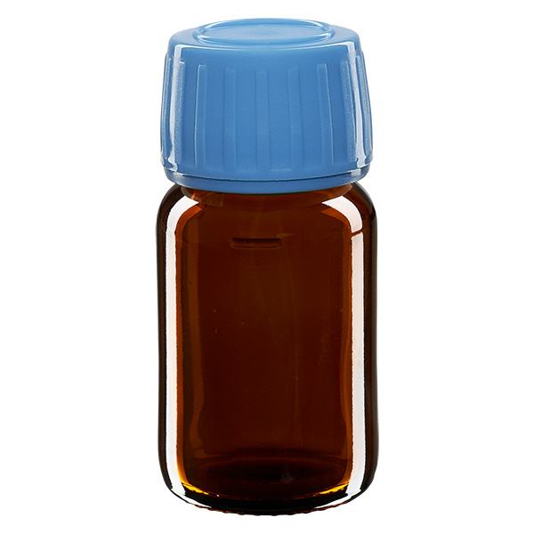 30ml Medizinflasche braun, Verschluss blau mit Originalitätsring ApoGlas 30ml Medizinflasche braun, Verschluss blau mit Originalitätsring ApoGlas