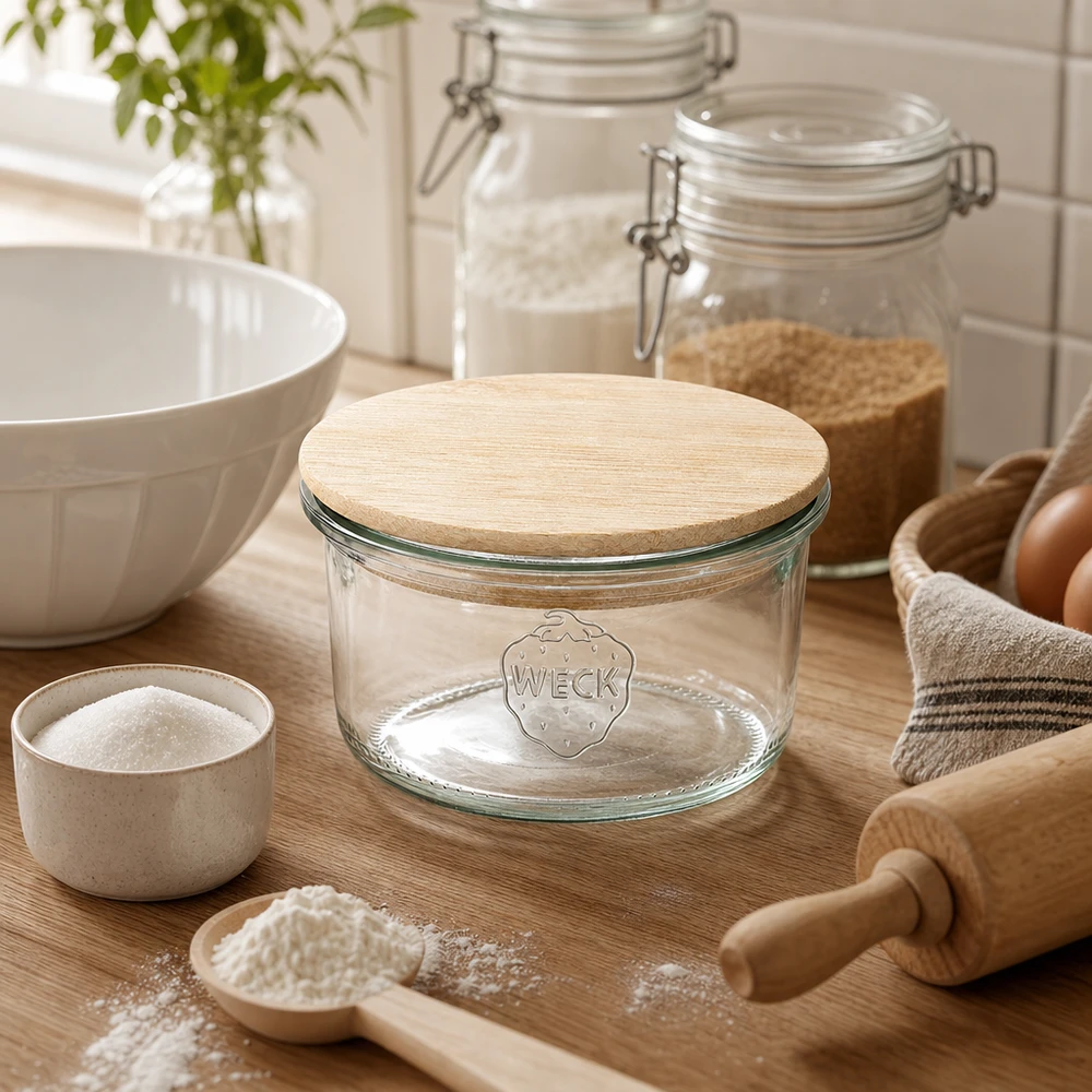WECK Sturzglas RR80 165ml mit Bambusdeckel in natürlicher Küchenszene mit Backzutaten und Holzutensilien