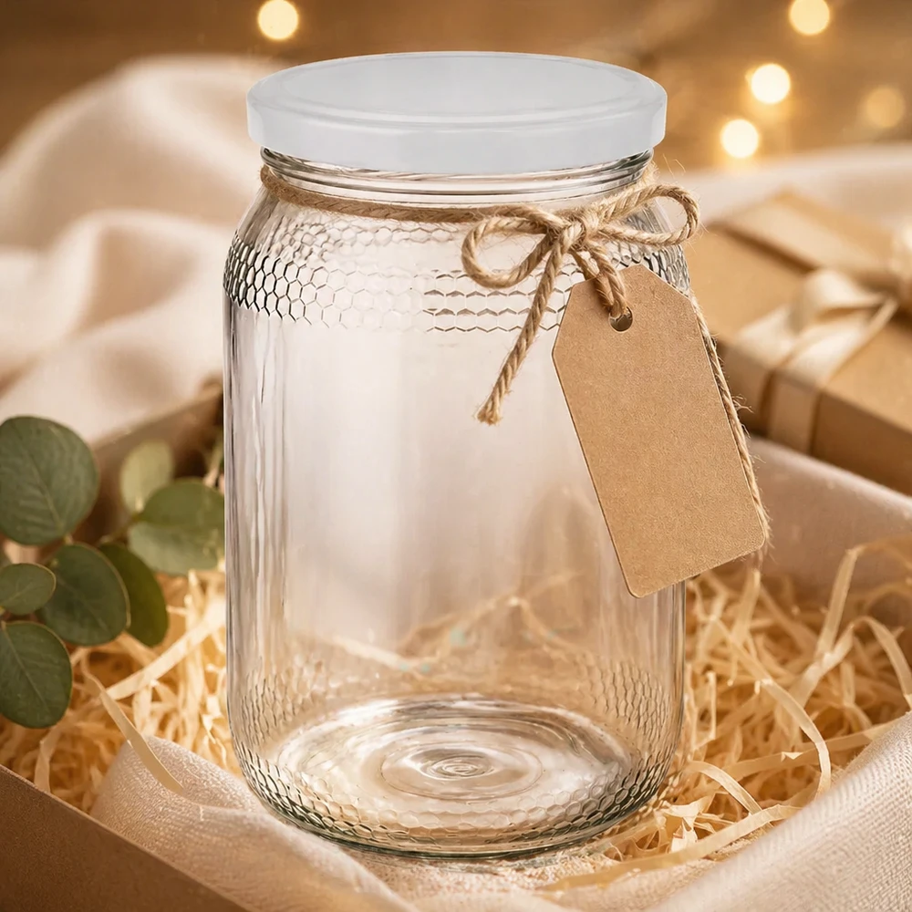Leeres 900ml Honigglas mit weißem BasicSeal Deckel und Geschenkanhänger in rustikaler Geschenkverpackung