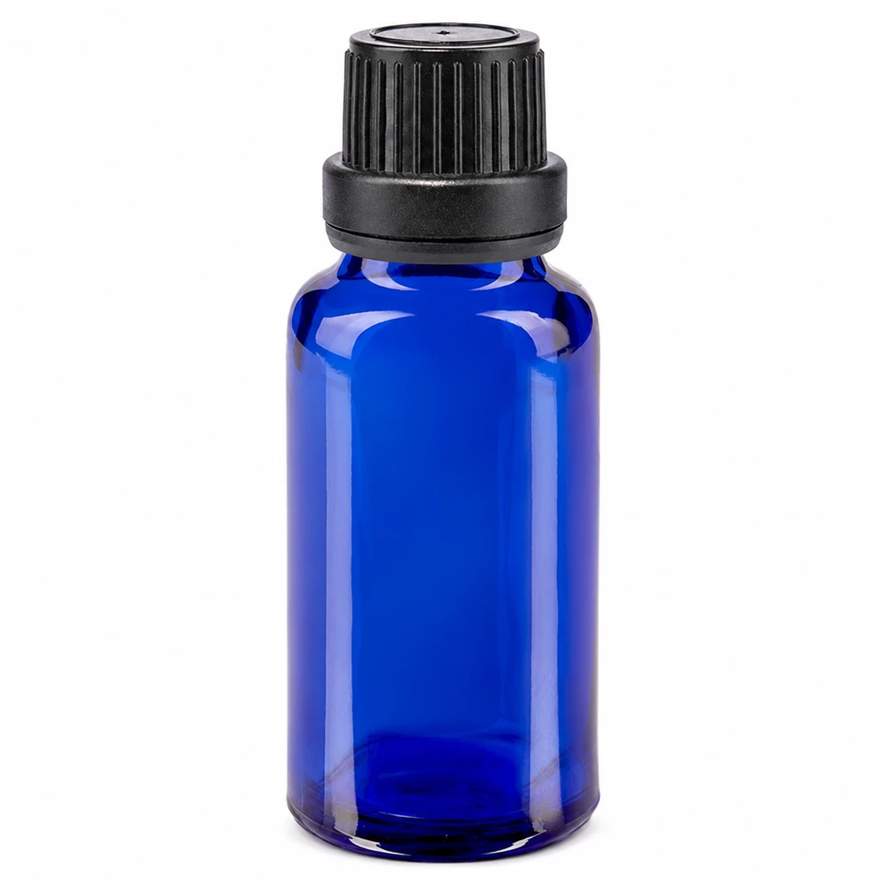 Apothekenflasche blau 20ml Schraubverschluss schwarz Dichteinlage Originalitätsverschluss Kleine blaue Apothekerflasche 20ml Glas UV-Schutz mit schwarzem OV-Verschluss