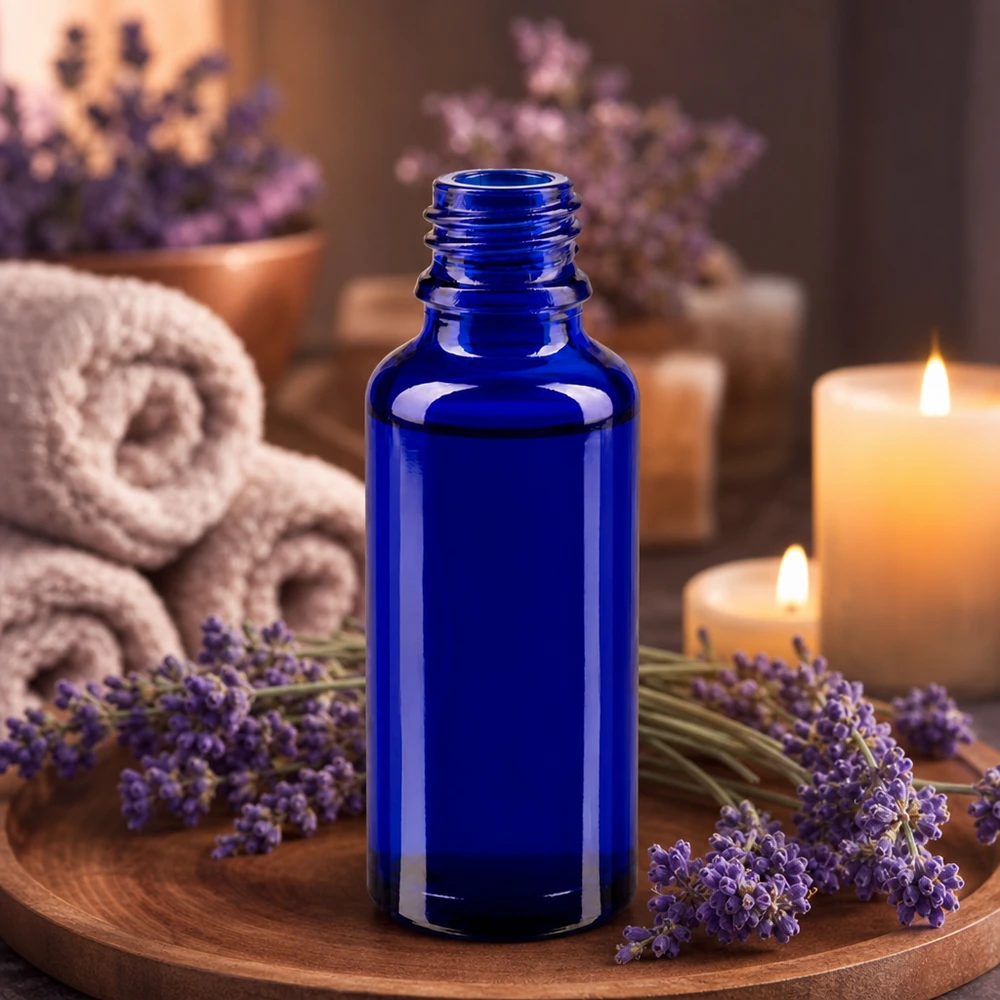Tropfflasche 30ml DIN 18 BLAUGLAS 30ml ApoGlas Apothekenflasche in Dunkelblau auf Holztablett mit entspanntem Spa-Dekor