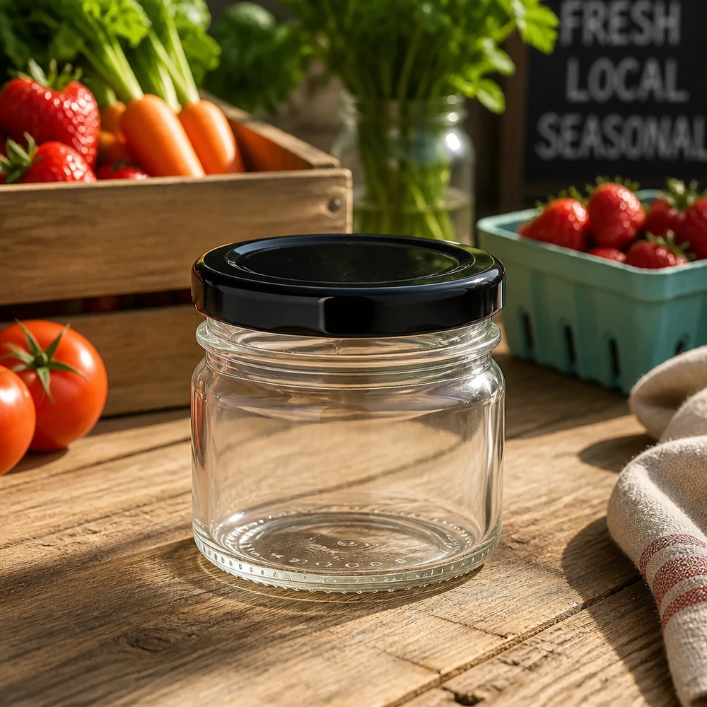 Transparentes 33ml Portionsglas mit schwarzem BasicSeal Deckel ideal für Gastgeschenke