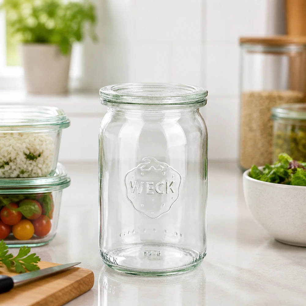 WECK 145ml Zylinderglas RR40 leer auf Küchentheke mit Vorratsgläsern und frischen Kräutern im Hintergrund