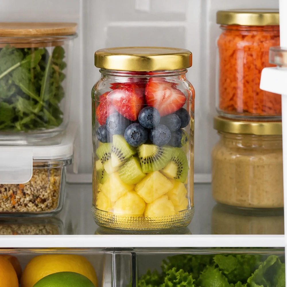 Transparentes 110ml Einmachglas mit buntem Obstsalat und goldenem Twist-Off-Deckel im Kühlschrank