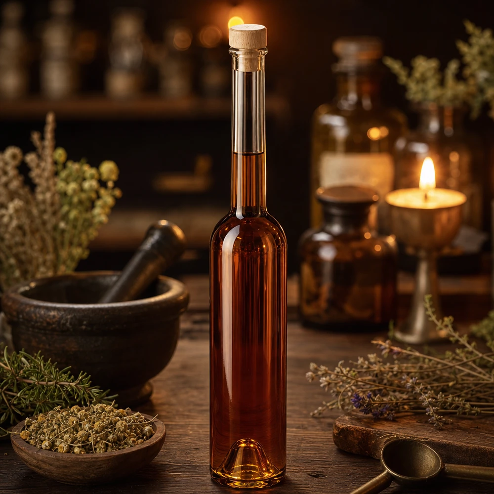 100ml Glasflasche "Hugo" mit Holzgriff-Korken UNiTWIST 100ml Glasflasche Hugo mit braunem Inhalt in Apotheker-Ambiente mit Kräutern Mörser und Kerze auf Holztisch