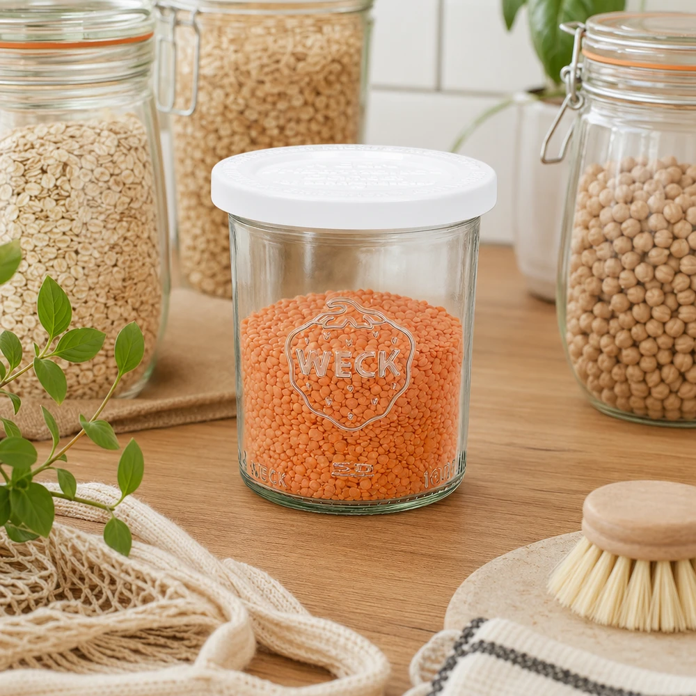 160ml Sturzglas mit Frischedeckel WECK RR60 WECK 160ml Sturzglas RR60 mit roten Linsen gefüllt in nachhaltiger Küche mit Vorratsgläsern und Holzutensilien