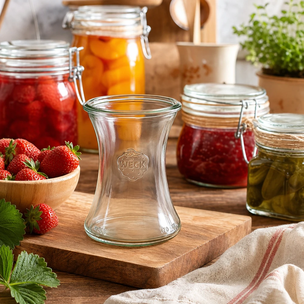 370ml Delikatessenglas WECK RR80 WECK RR80 Delikatessenglas 370ml in Küchensetting mit Einmachgläsern, Erdbeeren und Holzbrett als Dekoration