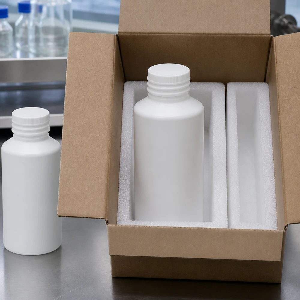 Robuste weiße HDPE Kunststoffflasche 50ml ohne Deckel in professioneller Laborumgebung