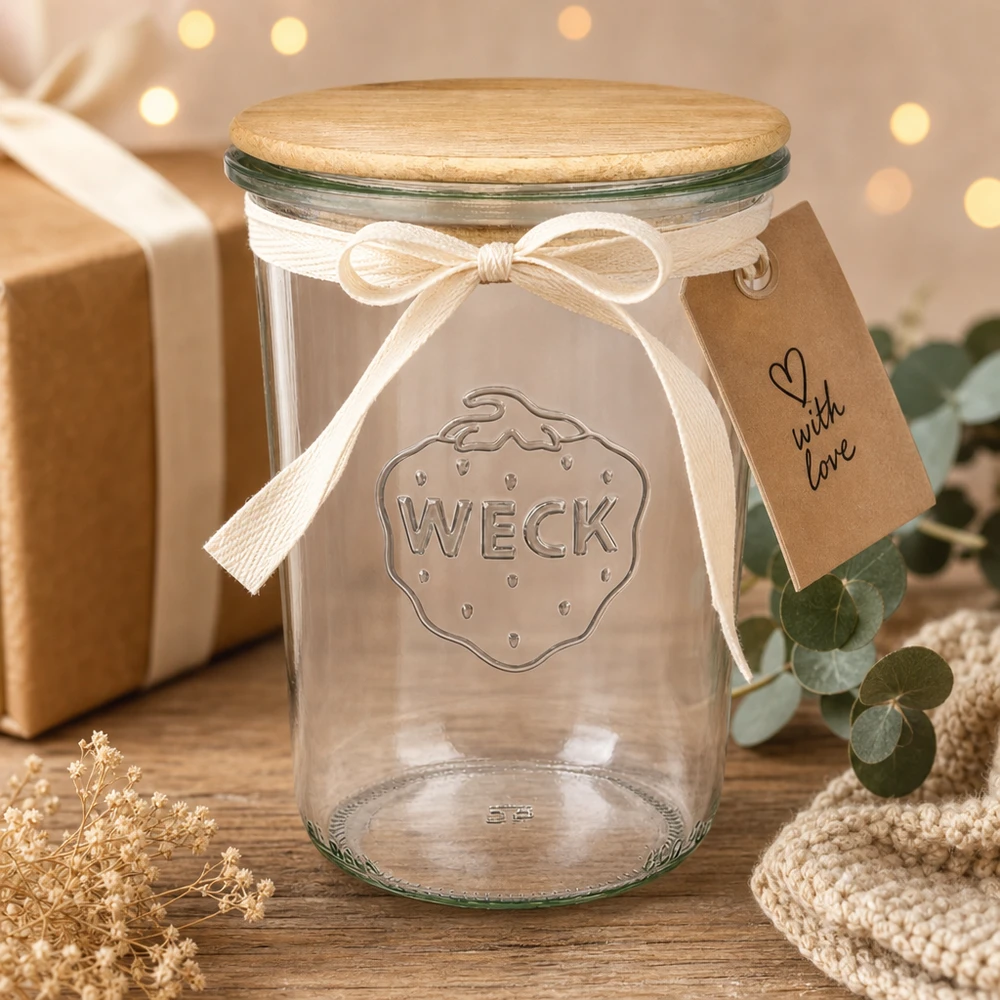 850ml Sturzglas WECK RR100 mit Holzdeckel WECK Sturzglas 850ml RR100 Holzdeckel Geschenkverpackung mit Schleife Tag Festliche Dekoration Weihnachten