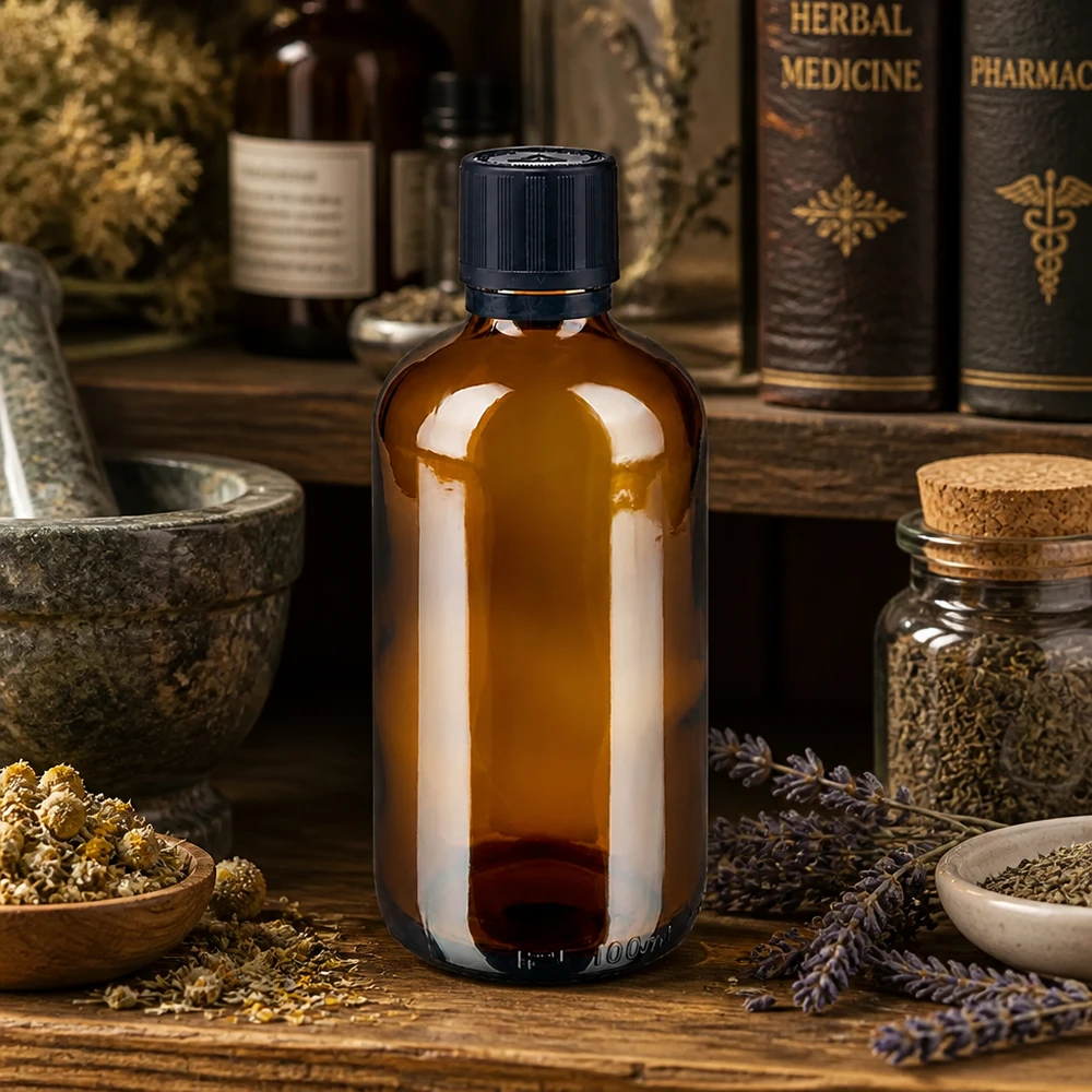 Pharmazeutische 100ml Braunglasflasche mit Originalitätsverschluss in traditioneller Kräuterapotheke