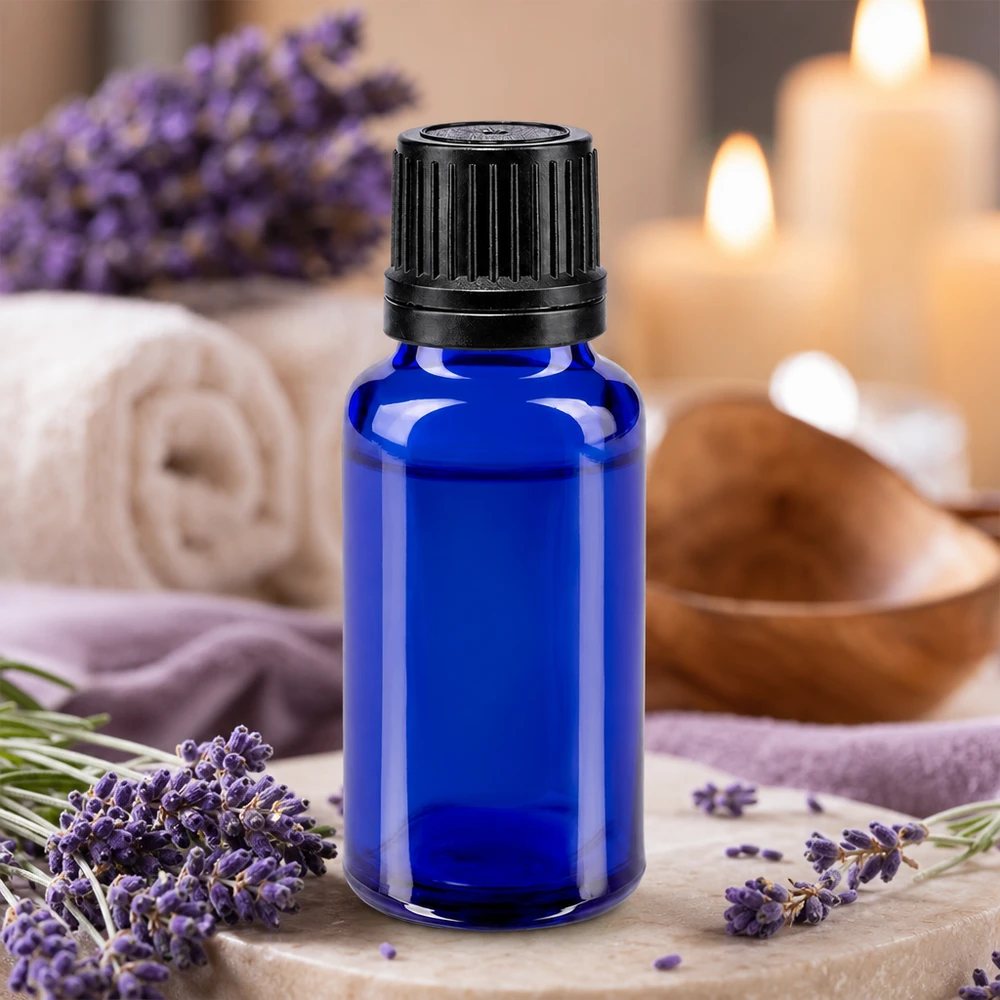 Dunkelblaue Glasflasche 20ml mit schwarzem Originalitätsverschluss für ätherische Öle geeignet