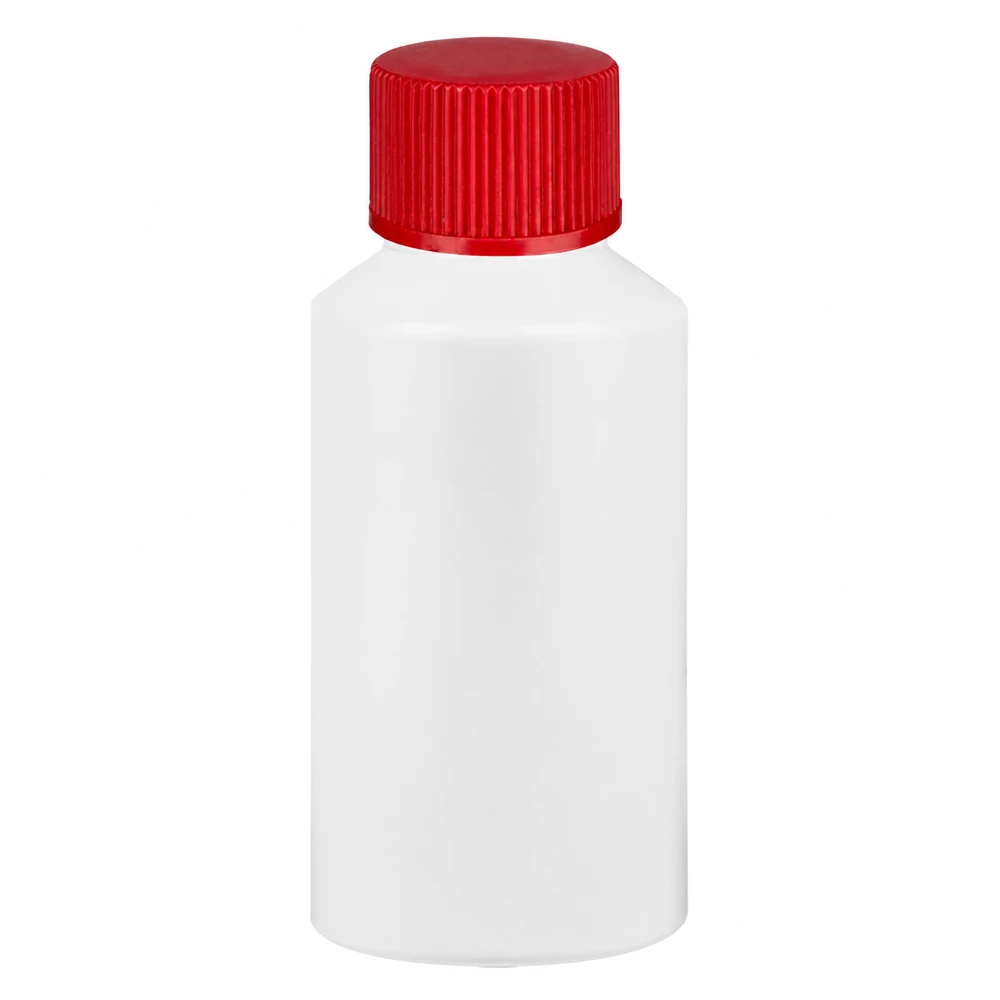 Apothekenflasche HDPE 50ml weiß, mit rotem Schraubverschluss 50ml HDPE Flasche weiß mit rotem Verschluss für Medikamente Chemikalien und Kosmetik