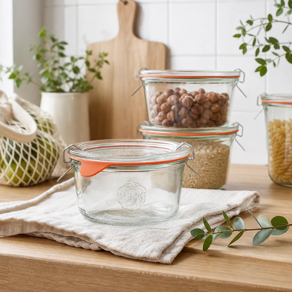 WECK Sturzglas 165ml RR80 in moderner Küche mit Vorratsgläsern voller Nüsse und Getreide auf Holzarbeitsplatte