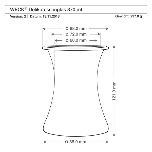 12er Set Weck Gläser 370ml Delikatessenglas WECK Delikatessengl 370ml RR80 technische Zeichnung Maße Abmessungen Durchmesser Höhe Produktspezifikation