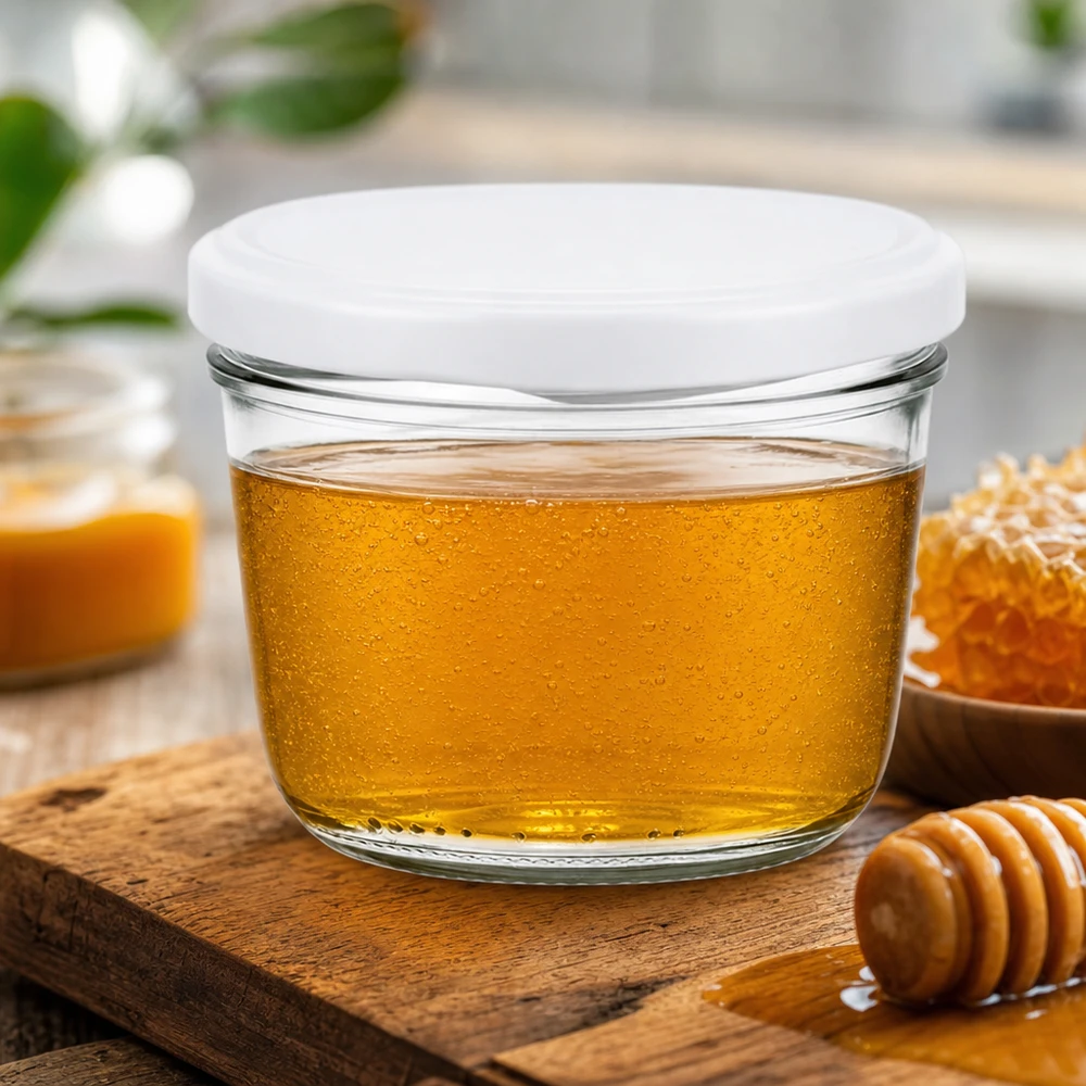 230ml Sturzglas mit BasicSeal Deckel weiß UNiTWIST 230ml Sturzglas mit weißem Deckel für Honig - Imkerglas mit Honiglöffel auf rustikalem Holztisch