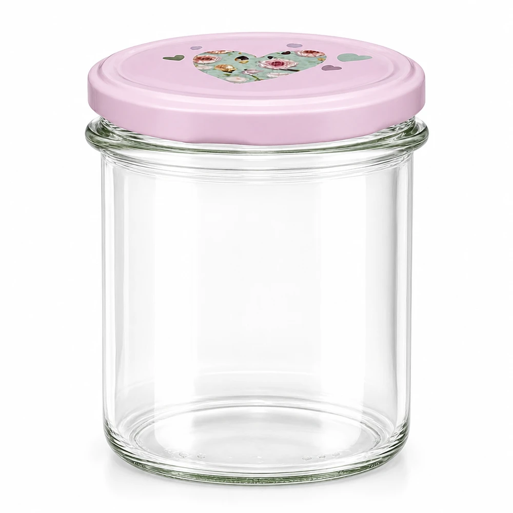 350ml Sturzglas mit rosa BasicSeal Deckel Herzmotiv Einmachglas Vorratsglas leer transparent