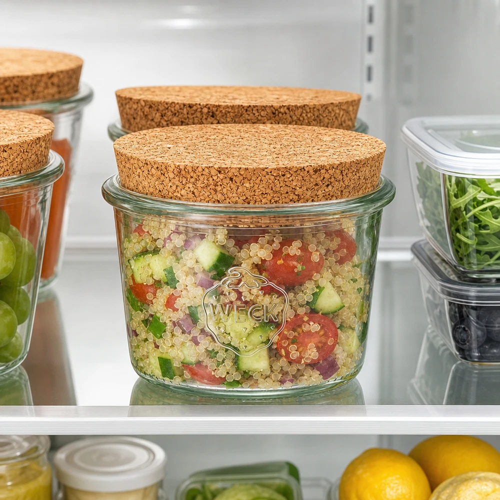 WECK Sturzglas 80ml RR60 mit Korken im Kühlschrank zur Aufbewahrung von Quinoa-Salat und frischen Lebensmitteln