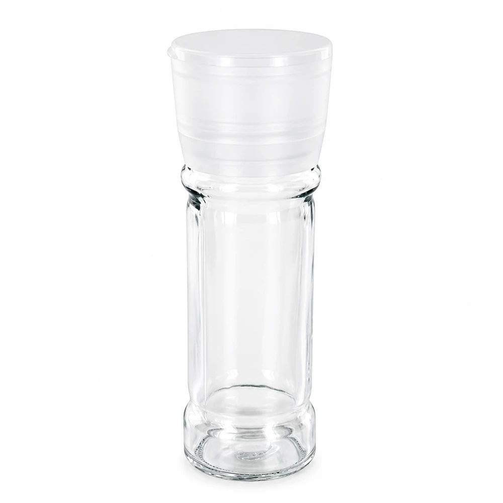 Salz-/Gewürzglas 100ml mit Mühle Vario weiss Zylindrisches Gewürzglas 100ml mit weißer Dreh-Mühle Vario aus robustem Klarglas