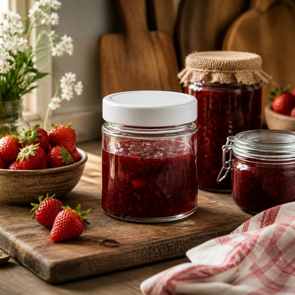 Erdbeermarmelade in UNiTWIST 135ml Rundglas mit weißem Deckel aus dem praktischen 24er Pack