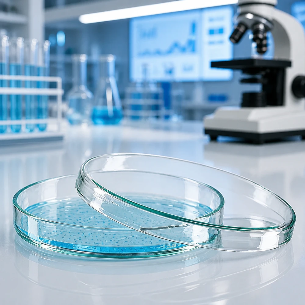 Petrischale 100x15mm Glas Borosilikatglas Petrischale 100x15mm mit aquamarinem Kulturmedium Laborumgebung