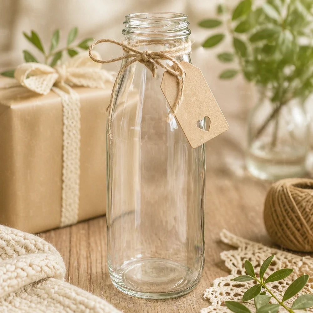 500ml Glasflasche TO48 UNiTWIST leer mit Kraftpapier-Anhänger und Juteschnur als Geschenkverpackung dekoriert