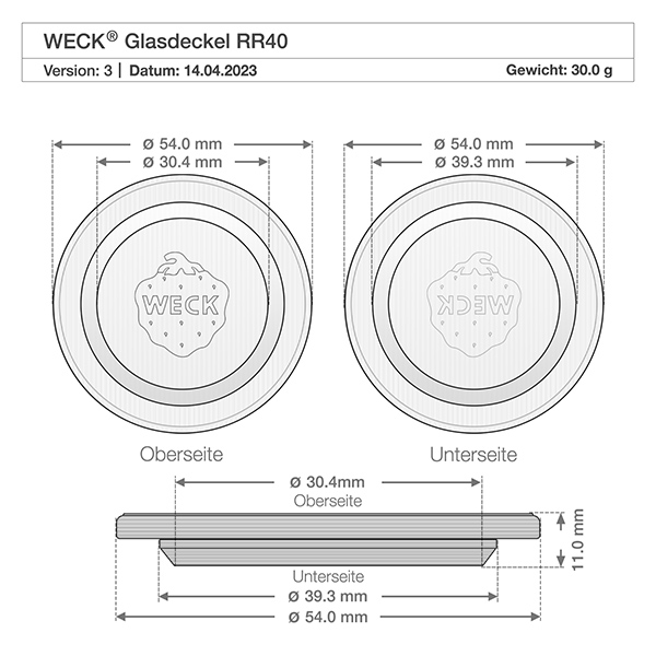 WECK Glasdeckel RR40 Technische Zeichnung WECK Glasdeckel RR40 mit Maßangaben 54mm Durchmesser und 11mm Höhe