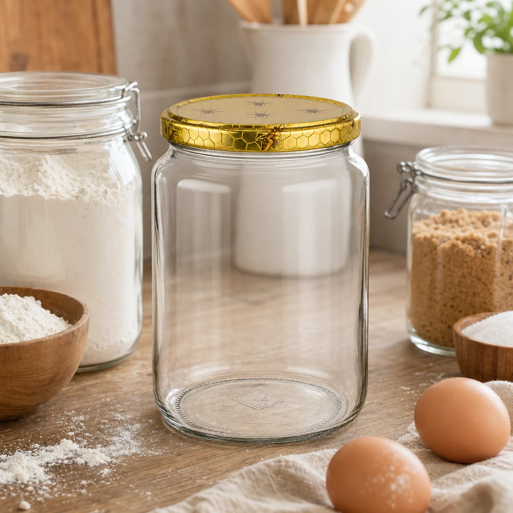 1000g Honigglas mit Bienenwaben-Deckel neben Mehl Eiern und Backzutaten auf Holzarbeitsplatte Küchenszenerie Imkerei