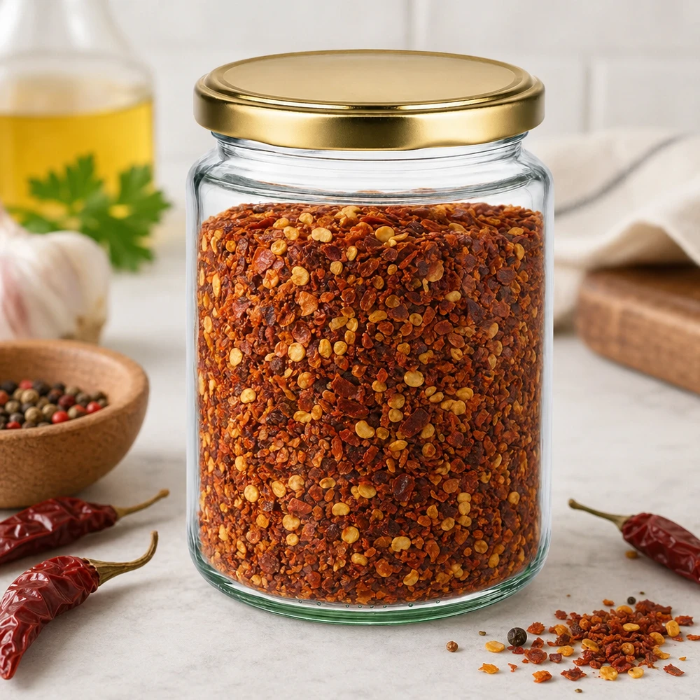 450g Honigglas gefüllt mit Chilliflocken zeigt vielseitige Verwendung BasicSeal Glas für Gewürze und Küchenaufbewahrung