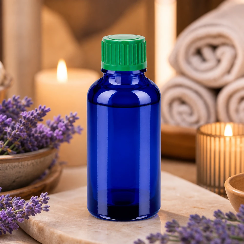 30ml Tropfflasche 0.8mm grün Standardverschluss BlueLine UT18/30 Robuste 30ml Tropfflasche aus UV-Schutzglas mit ergonomischem grünem Verschluss