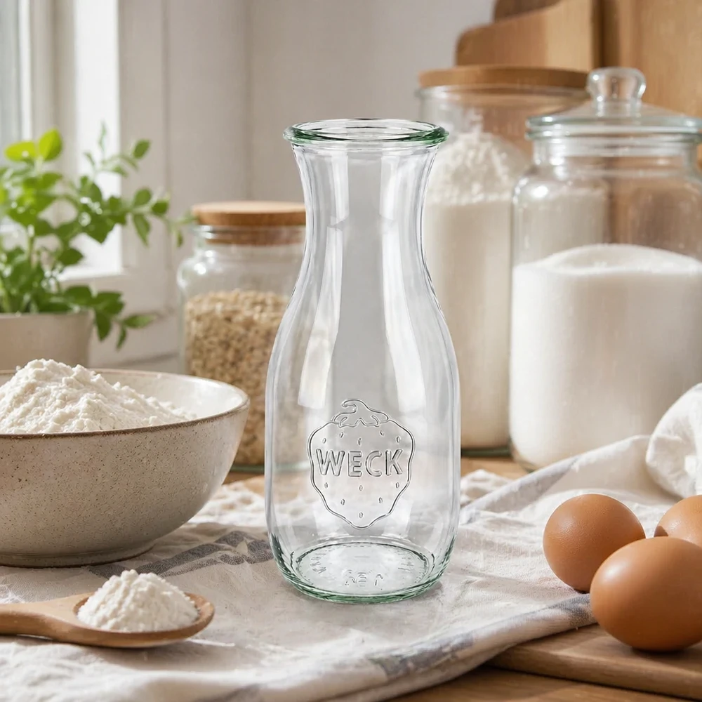 530ml Saftflasche WECK RR60 WECK Saftflasche 530ml RR60 leer in natürlicher Küchenszene mit Eiern Mehl und Vorratsgläsern für Backen kochen