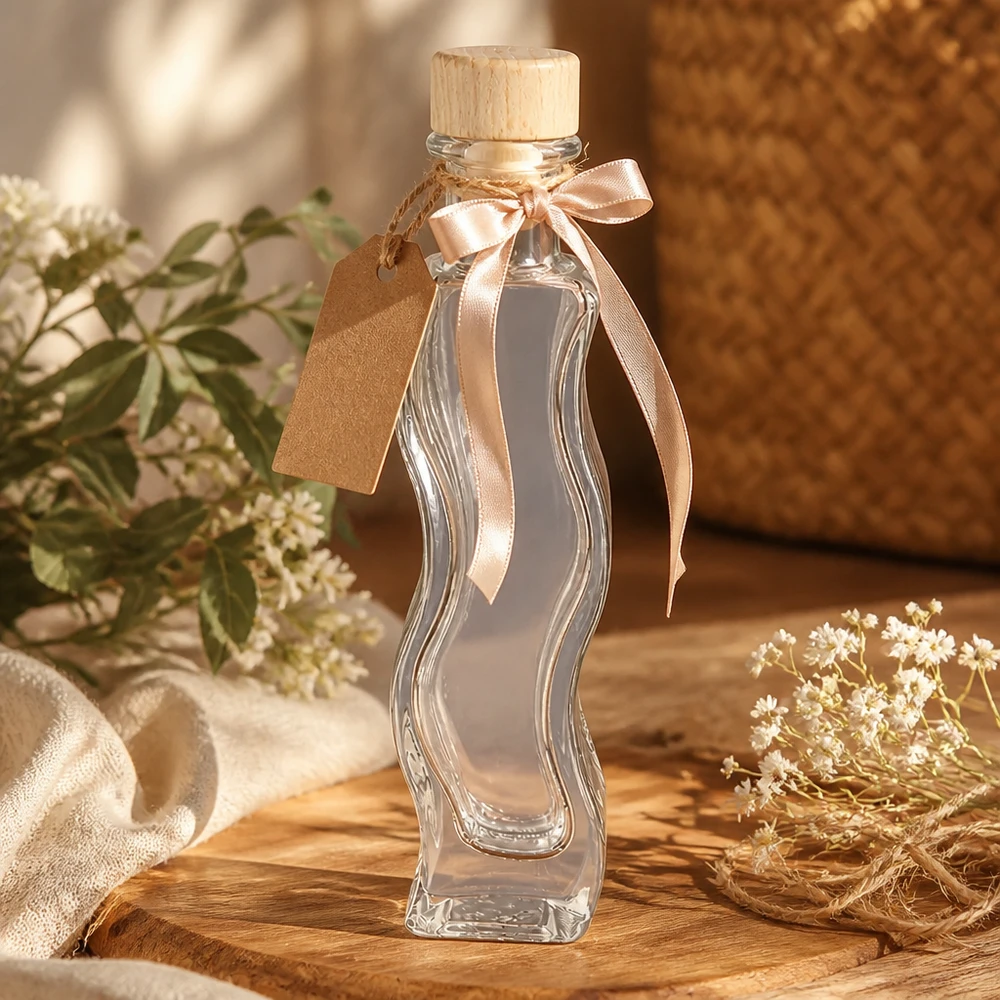 100ml Glasflasche "Melissa" mit Holzgriff-Korken UNiTWIST 100ml Glasflasche Melissa als Geschenk dekoriert mit rosa Schleife Kraftpapier-Anhänger Holzkorken natürliche Deko
