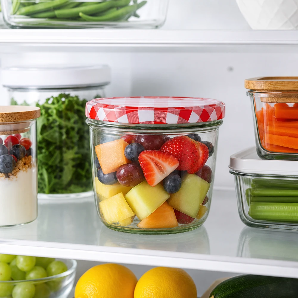 230ml Sturzglas mit BasicSeal Deckel rot-weiß kariert als Obstsalat-Behälter im Kühlschrank zur Meal Prep