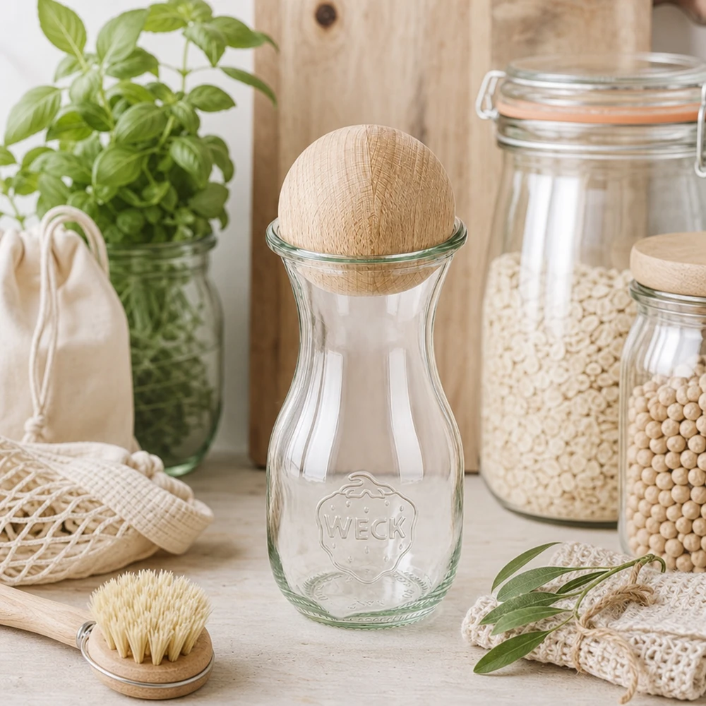 290ml Saftflasche WECK RR60 mit Holzkugel Buche WECK Saftflasche 290ml RR60 mit Holzkugel in nachhaltiger Zero-Waste Küche zwischen Vorratsgläsern und Naturmaterialien
