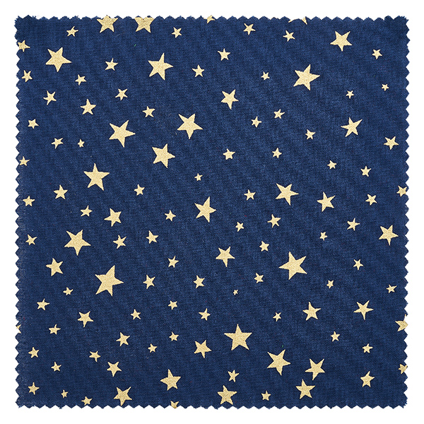 Stoff Schmuckdeckchen blau "Sterne" 12cm eckig Detailansicht blaues Stoffdeckchen mit goldenen Sternen verschiedener Größen, eckiger Zuschnitt 12cm
