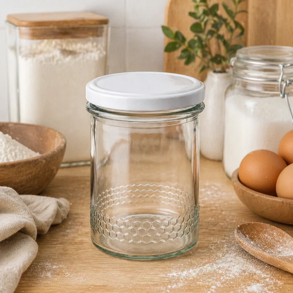 400ml Honigglas mit Wabenmuster in Küche neben Eiern Mehl und Vorratsgläsern natürliche Küchenausstattung BasicSeal