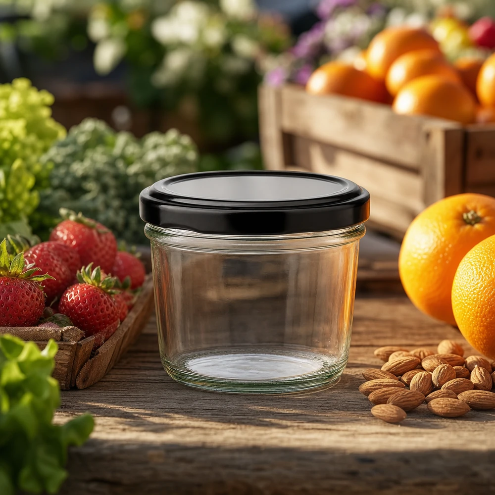 230ml Sturzglas mit BasicSeal Deckel schwarz UNiTWIST 230ml Sturzglas leer mit schwarzem Deckel zwischen frischen Früchten und Nüssen zeigt natürliche Einsatzmöglichkeiten