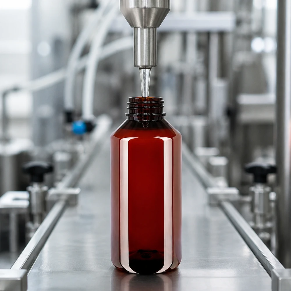 Automatisierte Serienabfüllung braune PET Flasche 1L mit weißem Originalverschluss Nahaufnahme