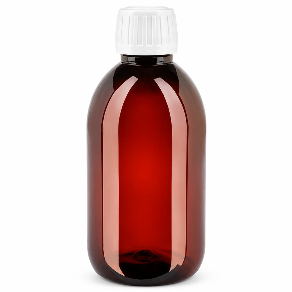 PET Flasche 250ml mit weißem Standard Originalitätsverschluss Leichte 250ml Kunststoffflasche in Amber mit weißem Originalverschluss für Flüssigkeiten