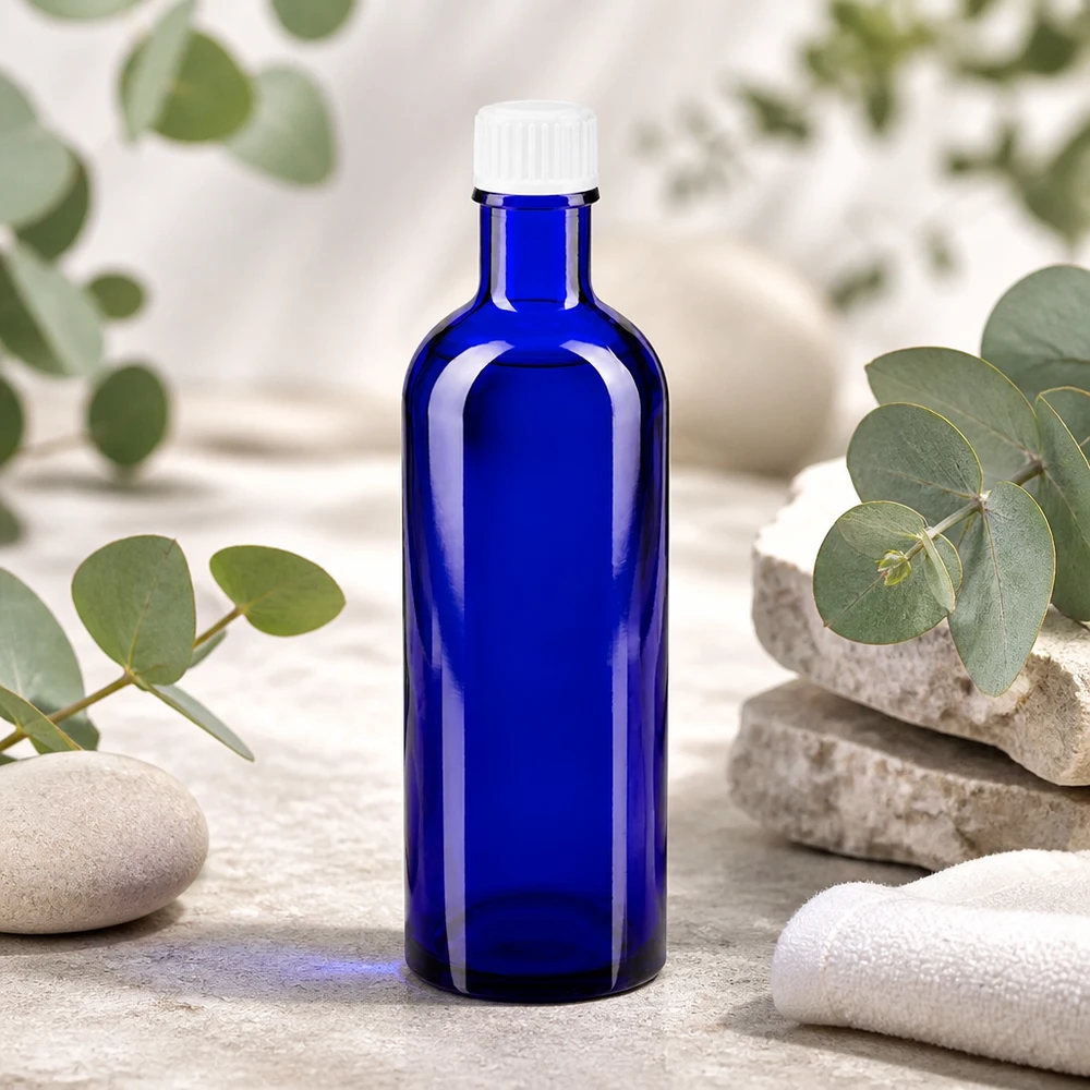 Apothekenflasche blau 200ml Schraubverschluss weiß Standard UV-Schutz Glasflasche 200ml blau mit weißem Schraubverschluss für empfindliche Wirkstoffe
