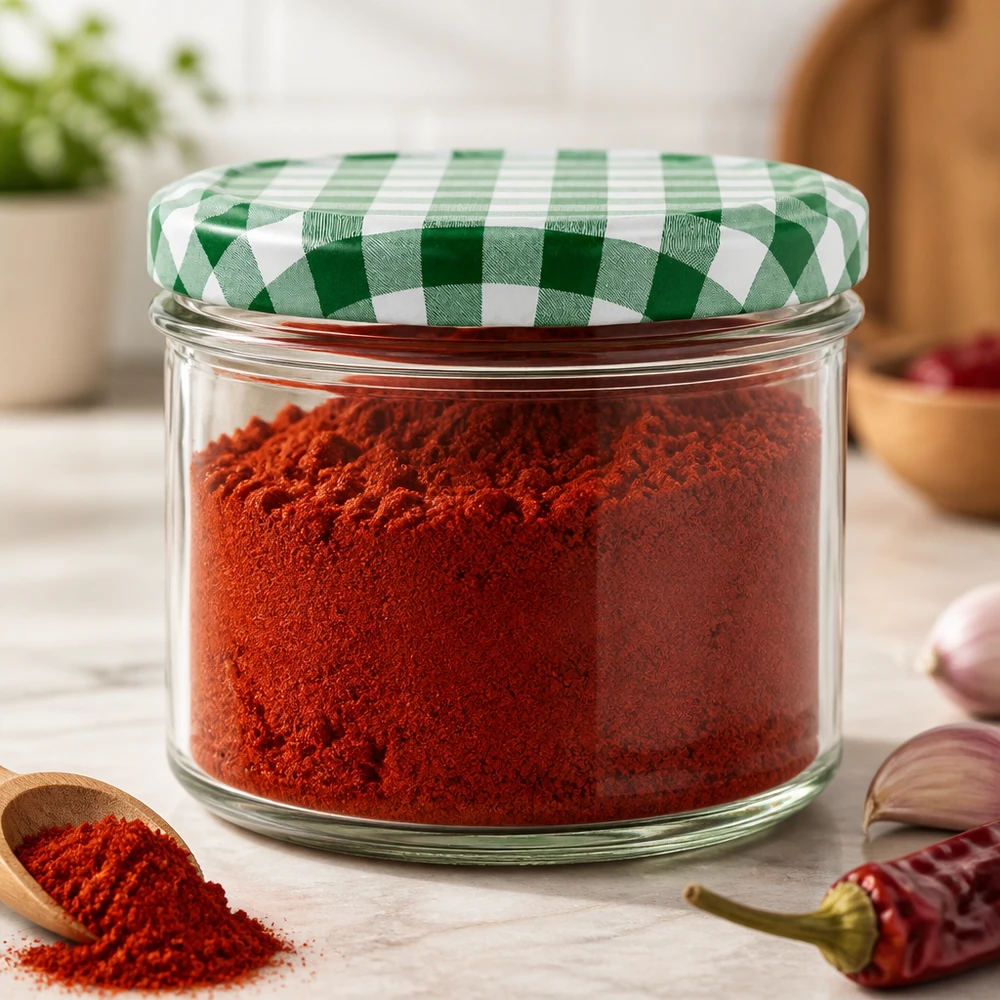 225ml Sturzglas + BasicSeal Deckel grün/weiß UNiTWIST Sturzglas 225ml befüllt mit rotem Paprikapulver zeigt praktische Küchenaufbewahrung mit BasicSeal Deckel