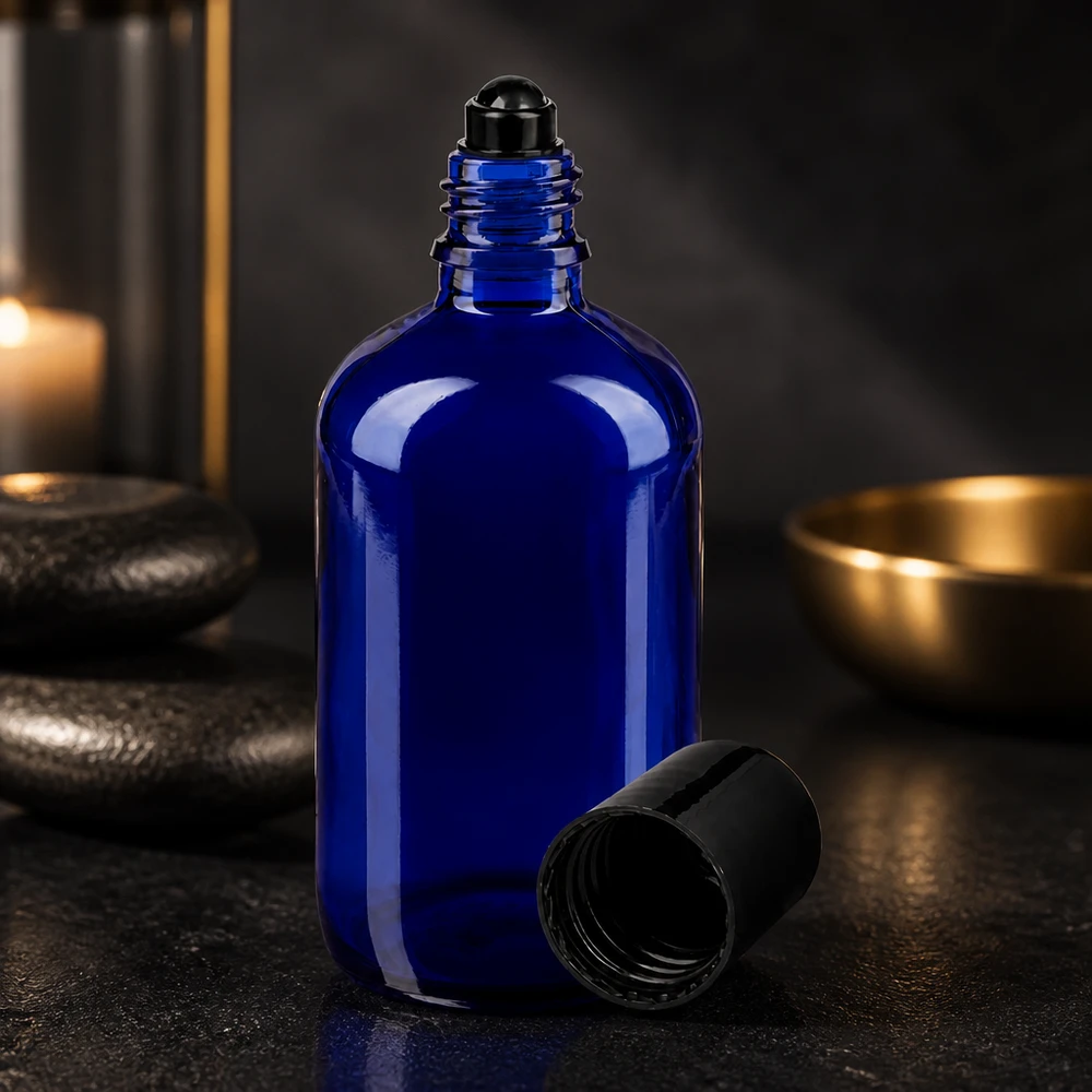 Apothekenflasche blau 100ml Roll-On Verschluss schwarz Professionelle 100ml Roll-On Flasche in Blau für Kosmetik und Aromatherapie