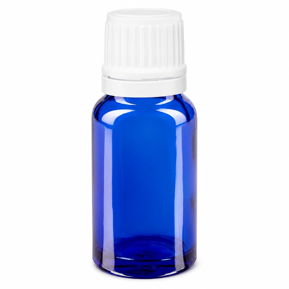 Pharmaflasche 10ml in Blauglas mit OV und präzisem 0,7mm Tropfeinsatz in Weiß