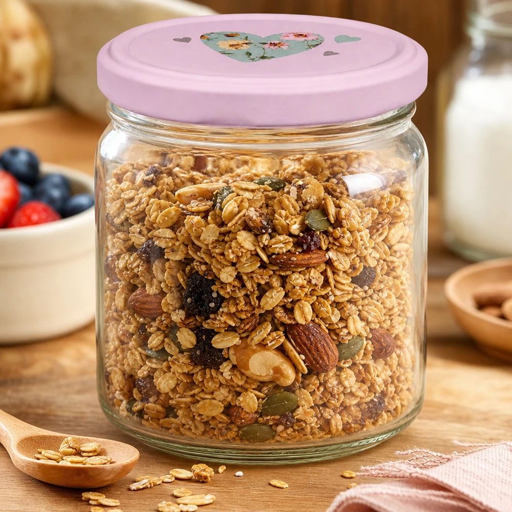 408ml Rundglas mit rosa Herz-Deckel gefüllt mit Müsli und Nüssen als praktische Vorratsdose in der Küche